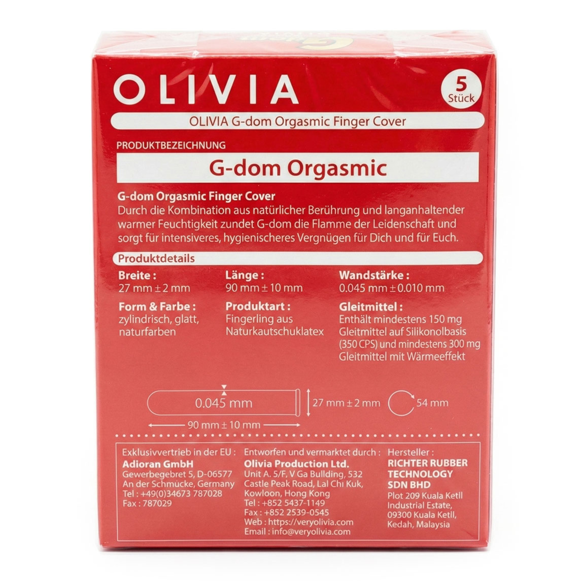 Rear view of the red Olivia G-dom Orgasmic Finger Cover 5-pack box, displaying product dimensions, material details, warming/silicone lube specs, and manufacturer contact details in German.