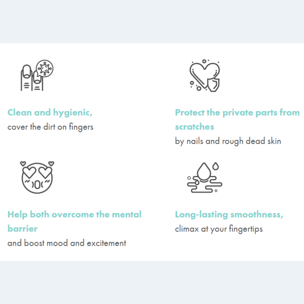 Feature infographic with icons highlighting key benefits: clean and hygienic coverage, protection from nail scratches, mood and excitement boost, and long-lasting smoothness.