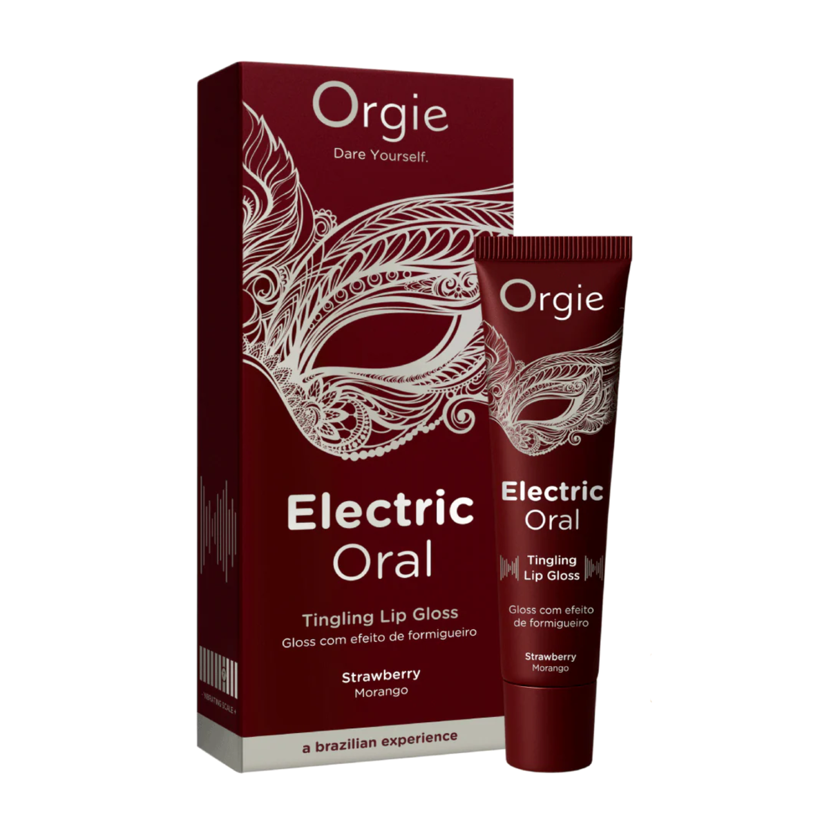 A product shot featuring a maroon box and a matching squeeze tube of Orgie brand "Electric Oral" Tingling Lip Gloss. The packaging is decorated with an intricate, white Venetian-style masquerade mask design. The text on both the box and the tube reads "Electric Oral Tingling Lip Gloss" in English, followed by "Gloss com efeito de formigueiro" in Portuguese, and denotes the flavor as "Strawberry / Morango." The bottom of the box includes the tagline "a brazilian experience."