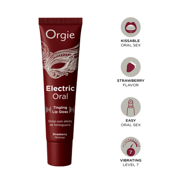 A product infographic displaying the front of the Orgie "Electric Oral" maroon lip gloss tube on the left. To the right, four circular icons detail the product's features: the first shows open lips labeled "KISSABLE ORAL SEX"; the second shows a strawberry labeled "STRAWBERRY FLAVOR"; the third shows a tube applicator tip labeled "EASY ORAL SEX"; and the fourth features a dial graphic pointing to the number 7, labeled "VIBRATING LEVEL 7."
