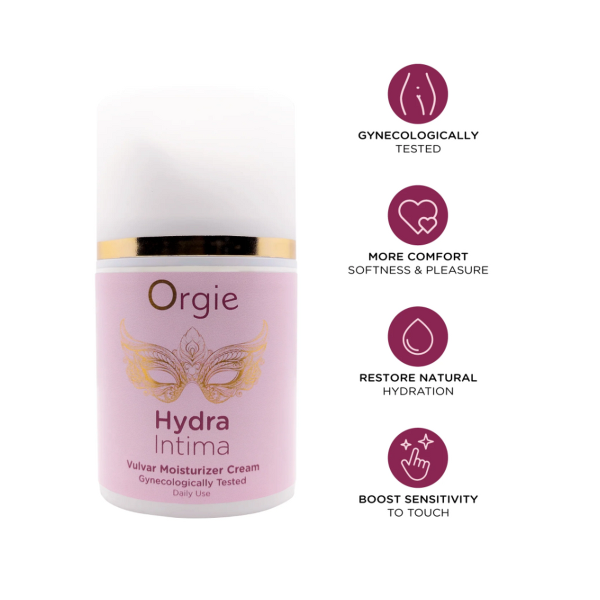 A product image of Orgie Hydra Intima Vulvar Moisturizer Cream. The main subject is the white and pink bottle with gold accents. To the right of the bottle are four circular icons with descriptions: Gynecologically Tested, More Comfort, Softness & Pleasure, Restore Natural Hydration, Boost Sensitivity to Touch.