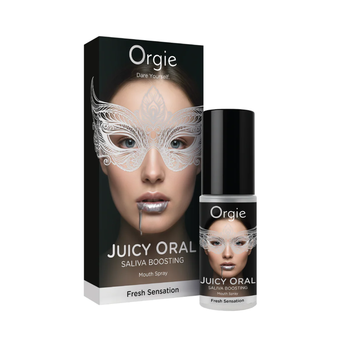 A box and bottle for Orgie Juicy Oral Saliva Boosting Mouth Spray. The packaging features a woman's face wearing an intricate white lace mask, with metallic silver liquid on her lips. The text reads "Fresh Sensation" at the bottom against a clean black and white design. Main image