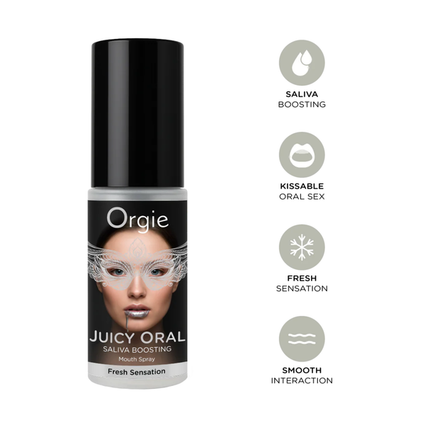A bottle of Juicy Oral mouth spray positioned next to four descriptive icons. The icons highlight the product's benefits: "Saliva Boosting," "Kissable Oral Sex," "Fresh Sensation" (represented by a snowflake), and "Smooth Interaction.