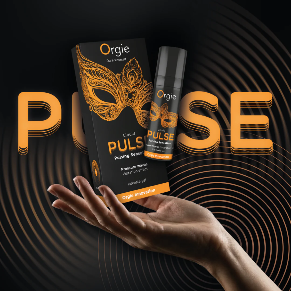 A promotional image showing a hand held open with the Liquid Pulse box and bottle floating above the palm. The background features the word "PULSE" in large orange letters and a series of concentric circular lines, visually representing the pulsing pressure waves the product is designed to create.