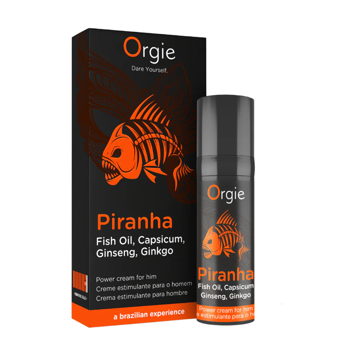 A product box and spray bottle for Orgie Piranha Power Cream for Him. The packaging is matte black with vibrant orange accents and features a stylized orange piranha skeleton logo. The text lists key ingredients: Fish Oil, Capsicum, Ginseng, and Ginkgo, with the tagline "a Brazilian experience. Main image
