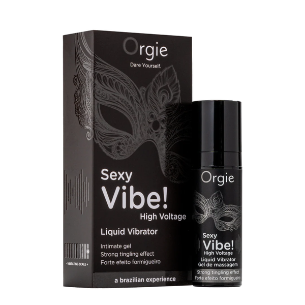 A black box and a small black pump bottle of Orgie Sexy Vibe! High Voltage Liquid Vibrator Gel, both featuring a gray/silver Venetian mask design and text indicating a 'strong tingling effect.'