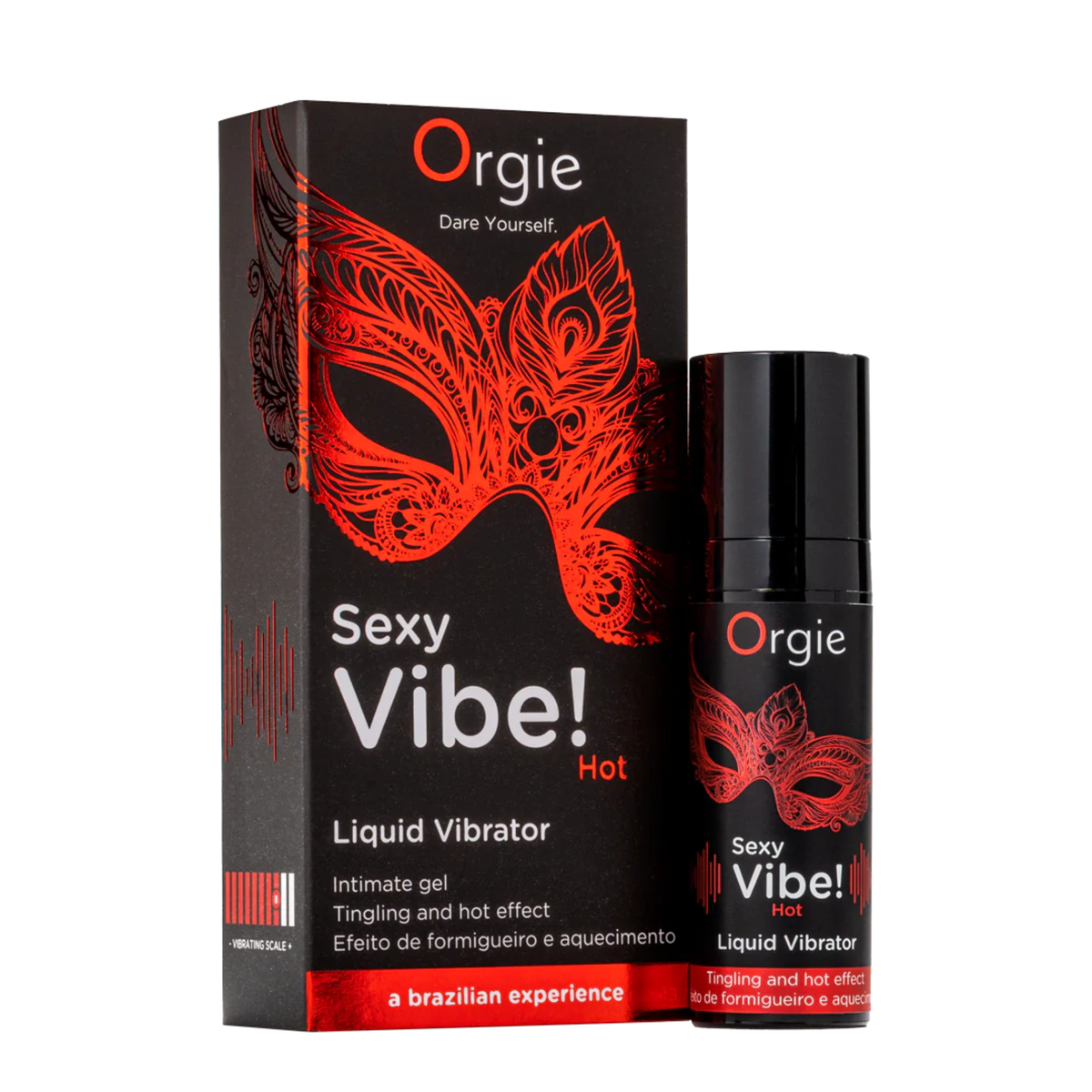 A black box and a small black pump bottle of Orgie Sexy Vibe! Hot Liquid Vibrator Gel, both featuring a red Venetian mask design and text indicating a 'tingling and hot effect.'