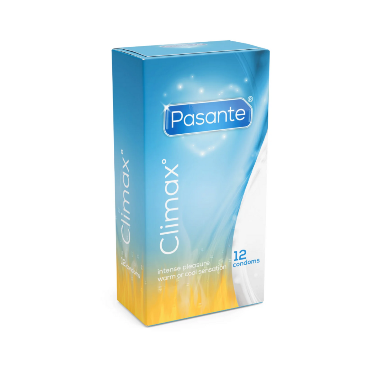 A Pasante Climax condom box. The box is blue and white. The name "Pasante" is written in blue letters inside a heart shape. Below the name are the words "Climax". The box contains 12 condoms. Main image