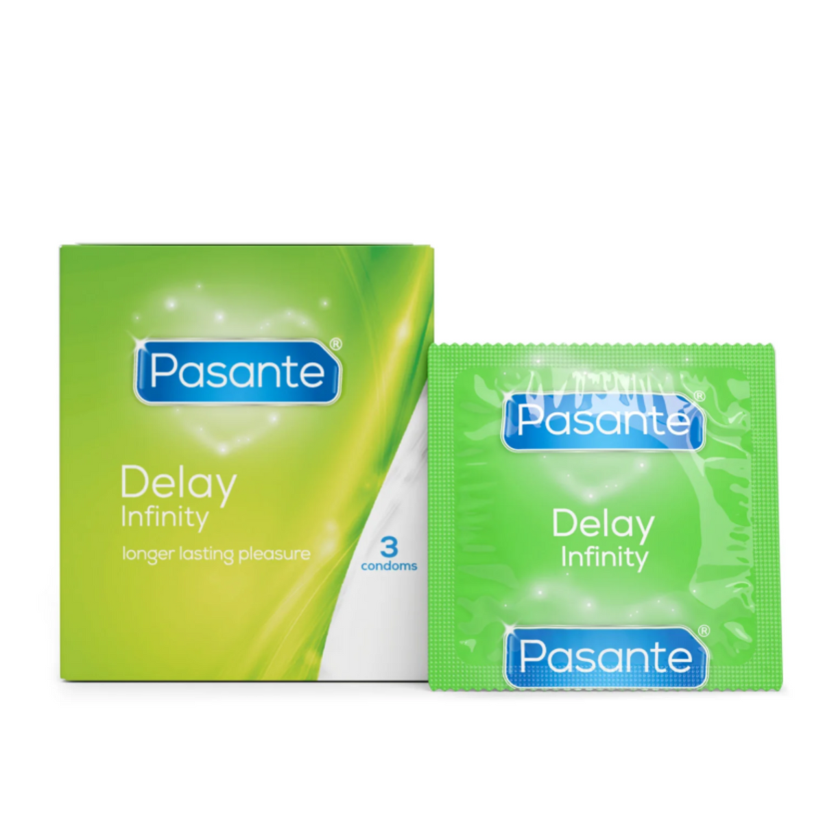 A Pasante Delay Infinity condom box and a single condom wrapper. The box is light green and white. The name "Pasante" is written in blue letters. Below the name are the words "Delay Infinity". The box contains 3 condoms. To the right of the box is a single green condom wrapper with the same Pasante Delay Infinity design.