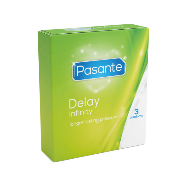 A Pasante Delay Infinity condom box. The box is light green and white. The name "Pasante" is written in blue letters in the middle of the box. Below the name are the words "Delay Infinity". The box contains 3 condoms.