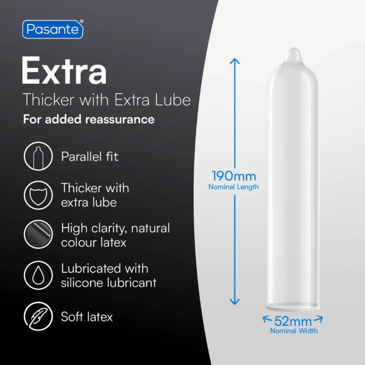 Information of a Pasante Extra condom. On the left side, a list of features is provided: "Extra Thicker with Extra Lube For added reassurance," "Parallel fit," "Thicker with extra lube," "High clarity, natural colour latex," "Lubricated with silicone lubricant," and "Soft latex." On the right side, an illustration of a single condom is shown with its dimensions. The nominal length is 190mm and the nominal width is 52mm.