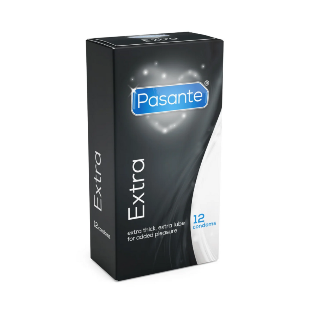 A Pasante Extra condom box. The box is black with a white heart shape on the front. The name "Pasante" is written in blue letters inside the heart, with the word "Extra" below it. The box contains 12 condoms, which are extra thick and have extra lube for "added pleasure." Main image
