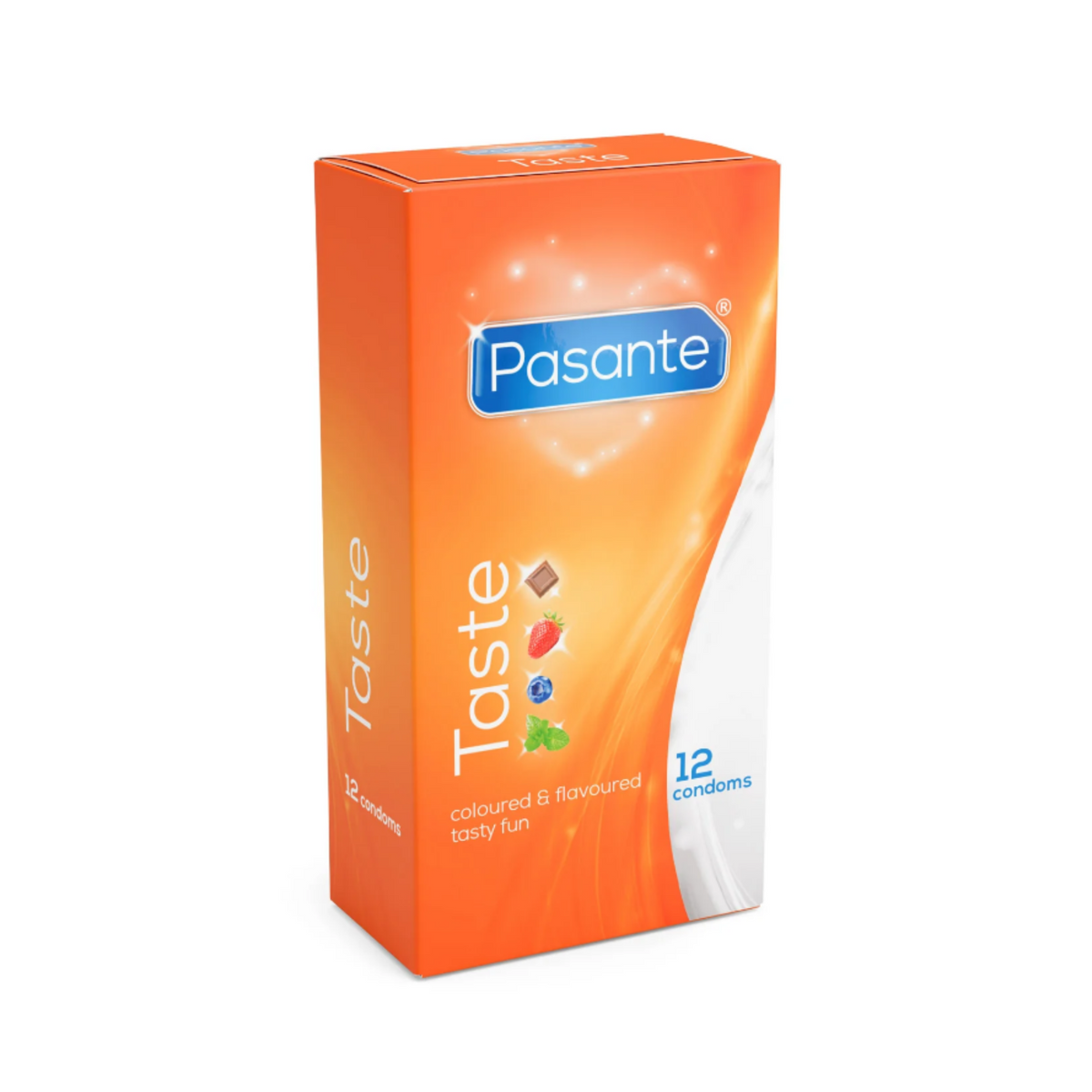 A box of Pasante Taste Flavours condoms. The box is orange and white, with the brand name at the top. The box contains 12 condoms. Main image