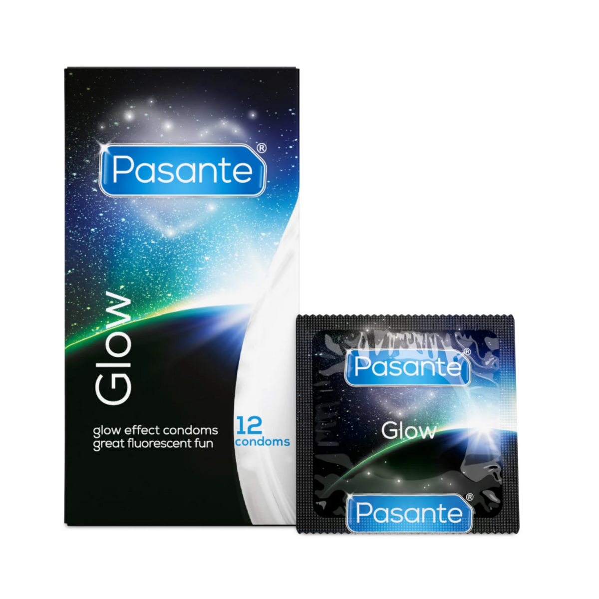 A Pasante Glow condom box and a single condom wrapper are shown side-by-side. Both the box and the wrapper are black with a cosmic, glowing blue and white design. The box contains 12 condoms.