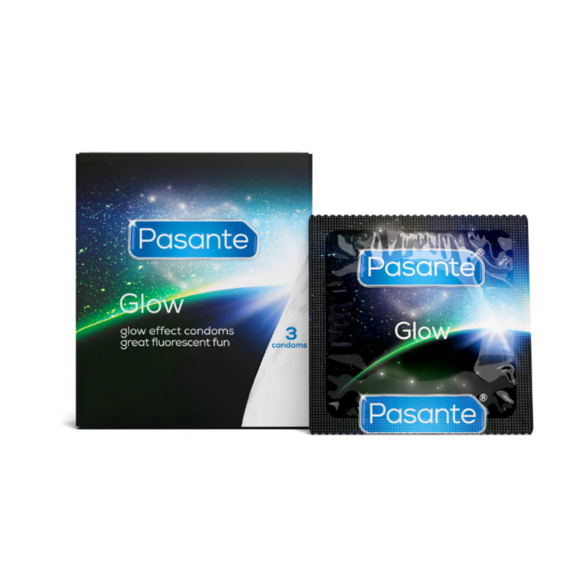 A Pasante Glow condom box and a single condom wrapper are shown side-by-side. Both the box and the wrapper are black with a cosmic, glowing blue and white design. The box contains 3 condoms.