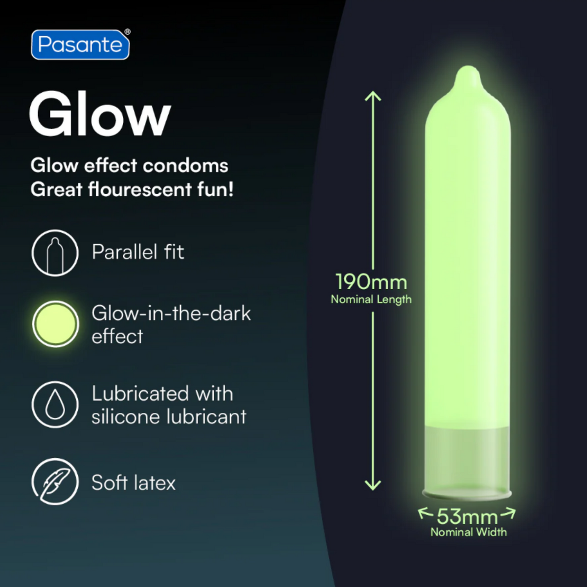 An illustration of a glowing, translucent green Pasante condom. To the left is a list of features with icons: "Parallel fit," "Glow-in-the-dark effect," "Lubricated with silicone lubricant," and "Soft latex." To the right, the dimensions are shown as "190mm Nominal Length" and "53mm Nominal Width."