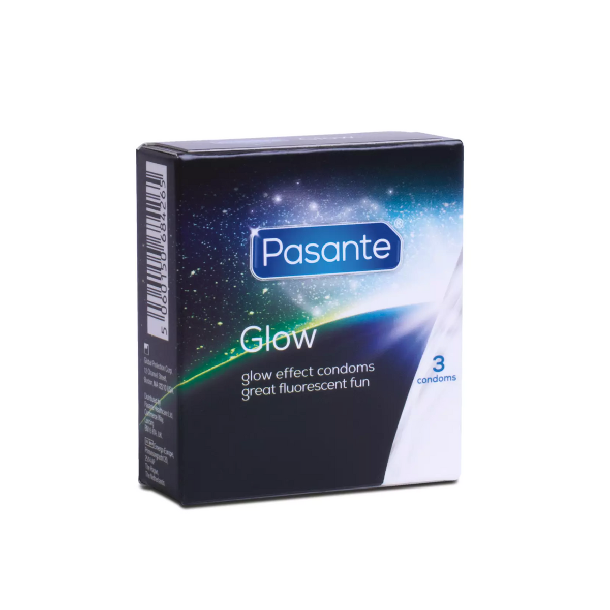 A box of 'Pasante Glow' condoms. The box is black with a glowing, blue and white cosmic design. The box contains 3 condoms. Main image