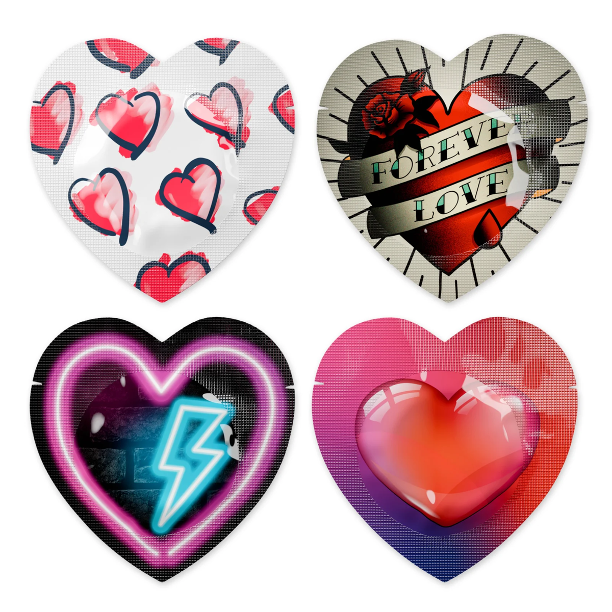 Four colorful heart-shaped Pasante Heart condom foils with themed designs (e.g., neon, tattoo-style). Main image