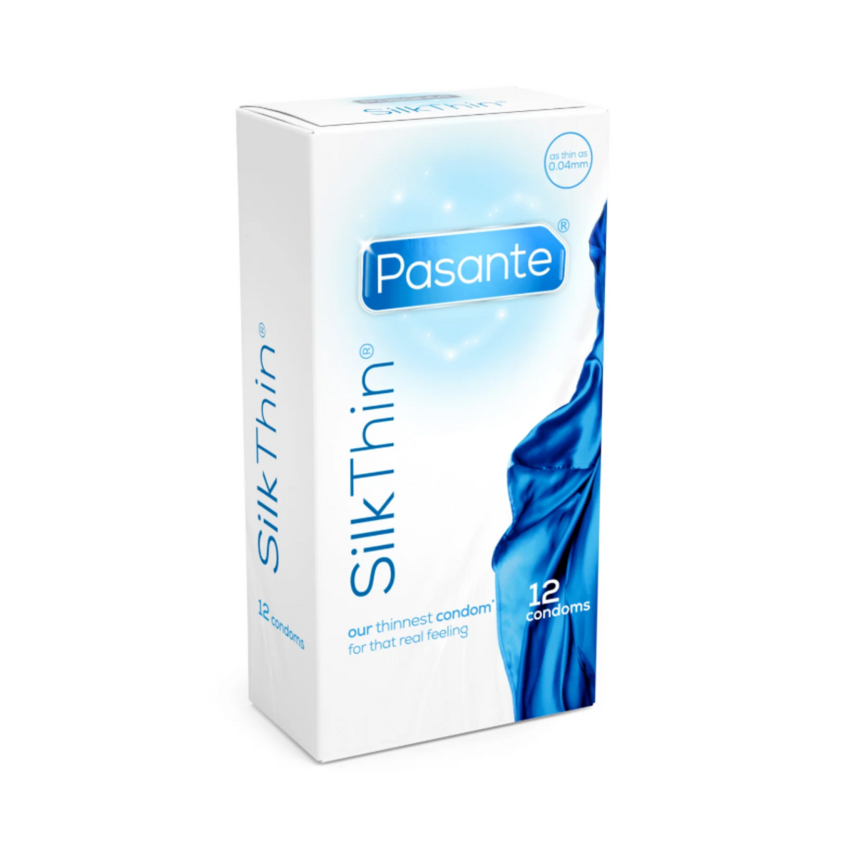 A Pasante Silk Thin condom box. The box is white and light blue. The name "Pasante" is written in blue letters in the middle of the box, with the words "Silk Thin" below it. The box contains 12 condoms.