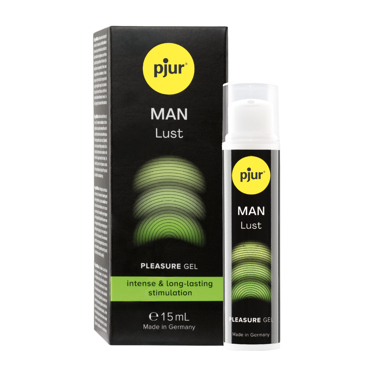 Direct studio shot showing the 15 ml (0.5 fl oz) Pjur Man Lust pleasure gel bottle with its clear overcap standing next to its black packaging box. Main image