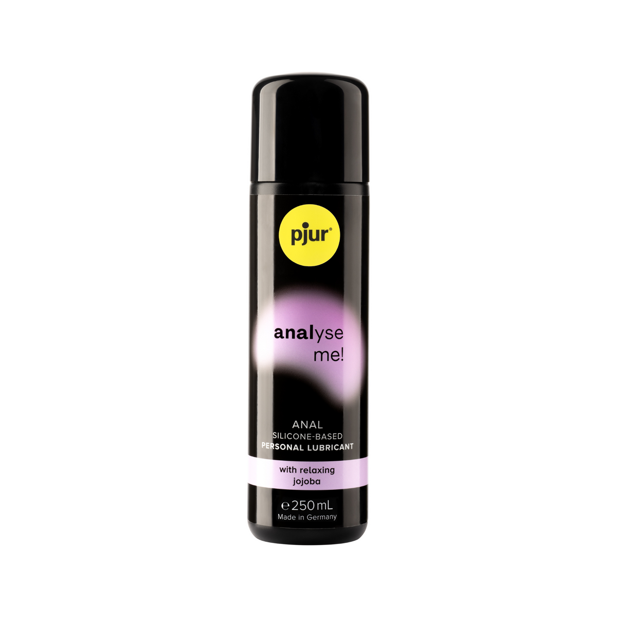 A black bottle of pjur "analyse me!" 250ml anal silicone-based personal lubricant with relaxing jojoba is shown against a white background.