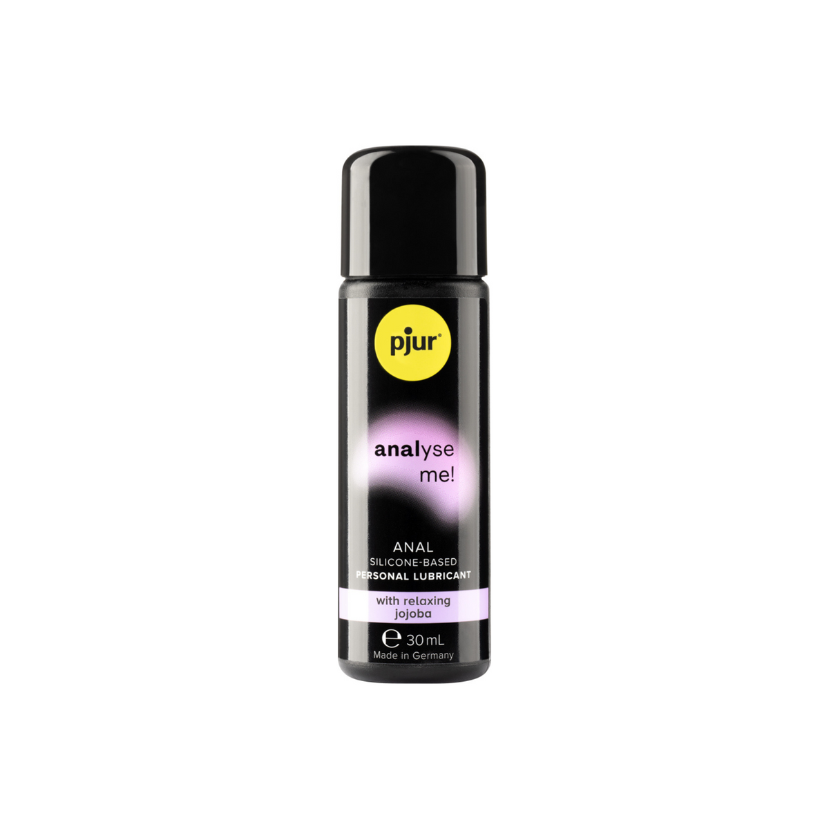 A black bottle of pjur "analyse me!" 30ml anal silicone-based personal lubricant with relaxing jojoba is shown against a white background. Main image