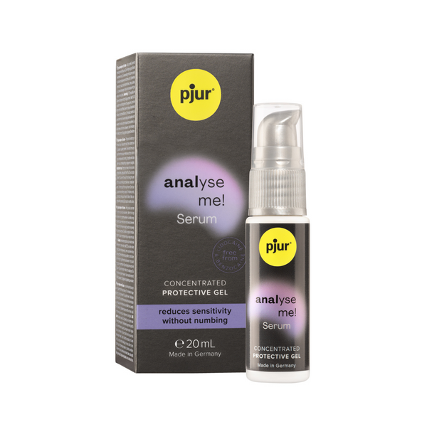 A gray box and a clear pump bottle of pjur "analyse me! Serum" are presented against a white background. 