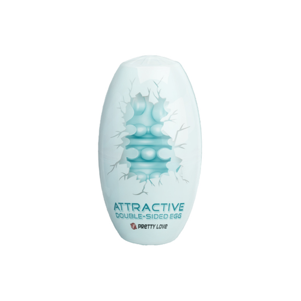 Product packaging photo showing the Pretty Love Attractive Double-Sided Egg inside its light blue, egg-shaped plastic shell container with a cracked-egg graphic design.