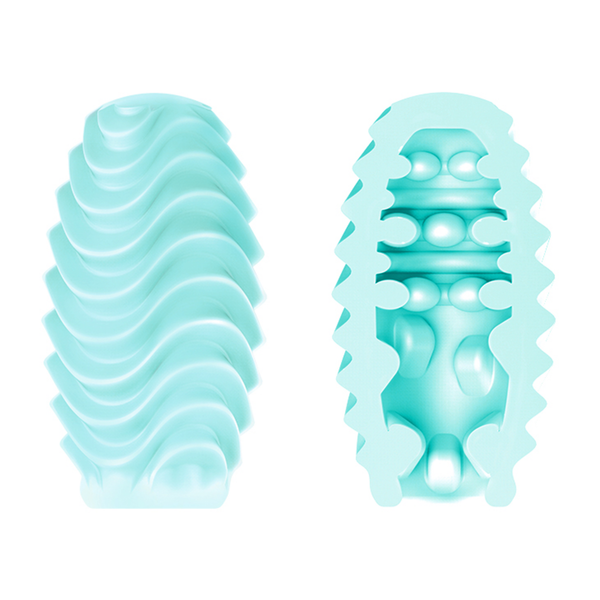 Studio comparison graphic showing the wavy exterior texture of the light blue masturbation egg on the left alongside a cross-section diagram of its internal ribs and nubs on the right.
