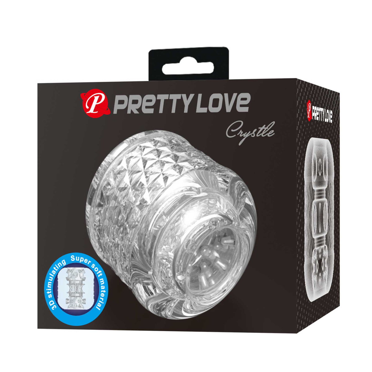 Retail box packaging shot for the Pretty Love Crystle clear male masturbator, featuring product photography and a blue feature badge highlighting its super soft 3D stimulating material. Main image