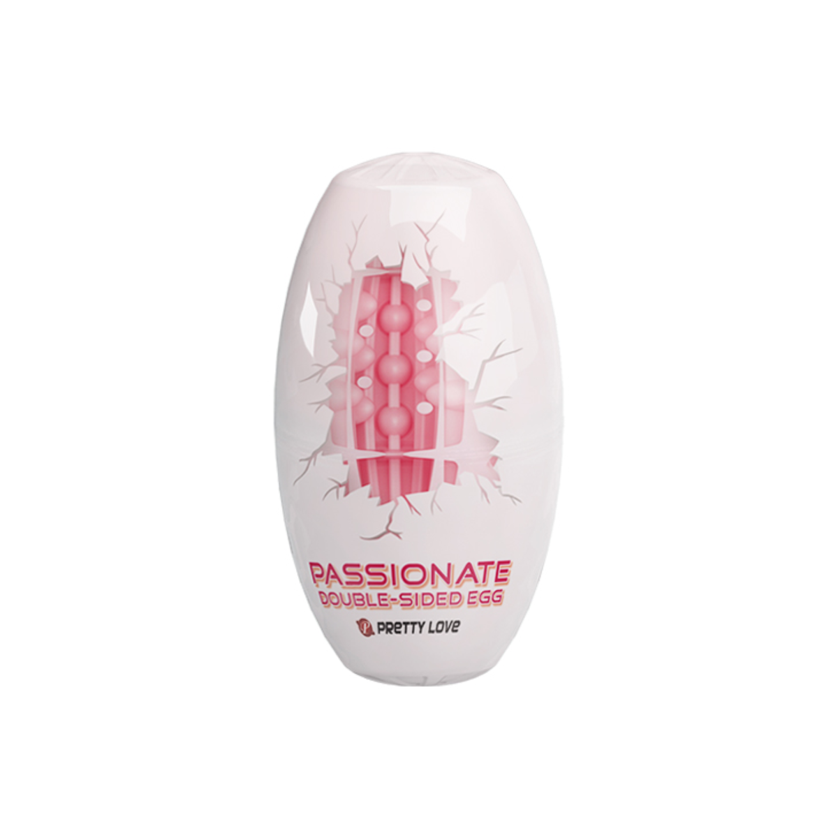 Product packaging photo showing the Pretty Love Passionate Double-Sided Egg inside its egg-shaped white plastic shell container with a cracked-egg graphic design.