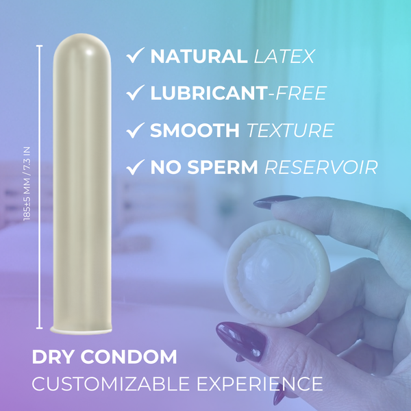 Natural latex dry condom, lubricant-free with smooth texture and no sperm reservoir; hand holding unrolled condom.