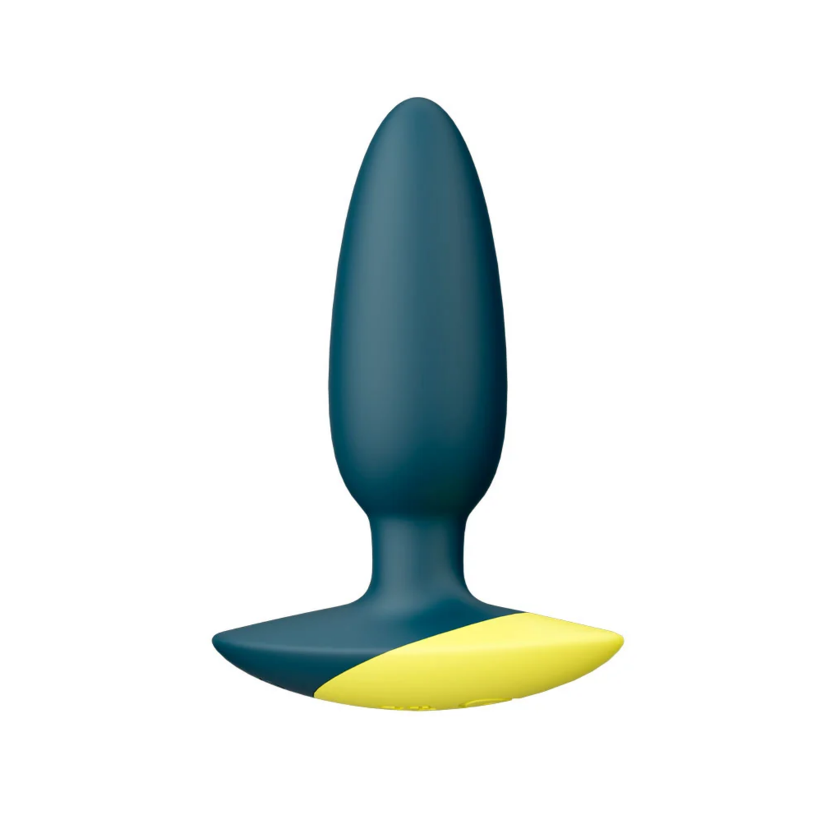 Front studio product view of the dark teal ROMP Bass vibrating anal plug isolated on a white background.
