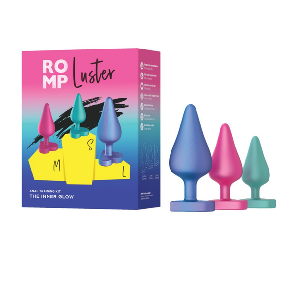 Set product view showing the blue (L), pink (M), and teal (S) silicone butt plugs standing upright next to their retail packaging box.