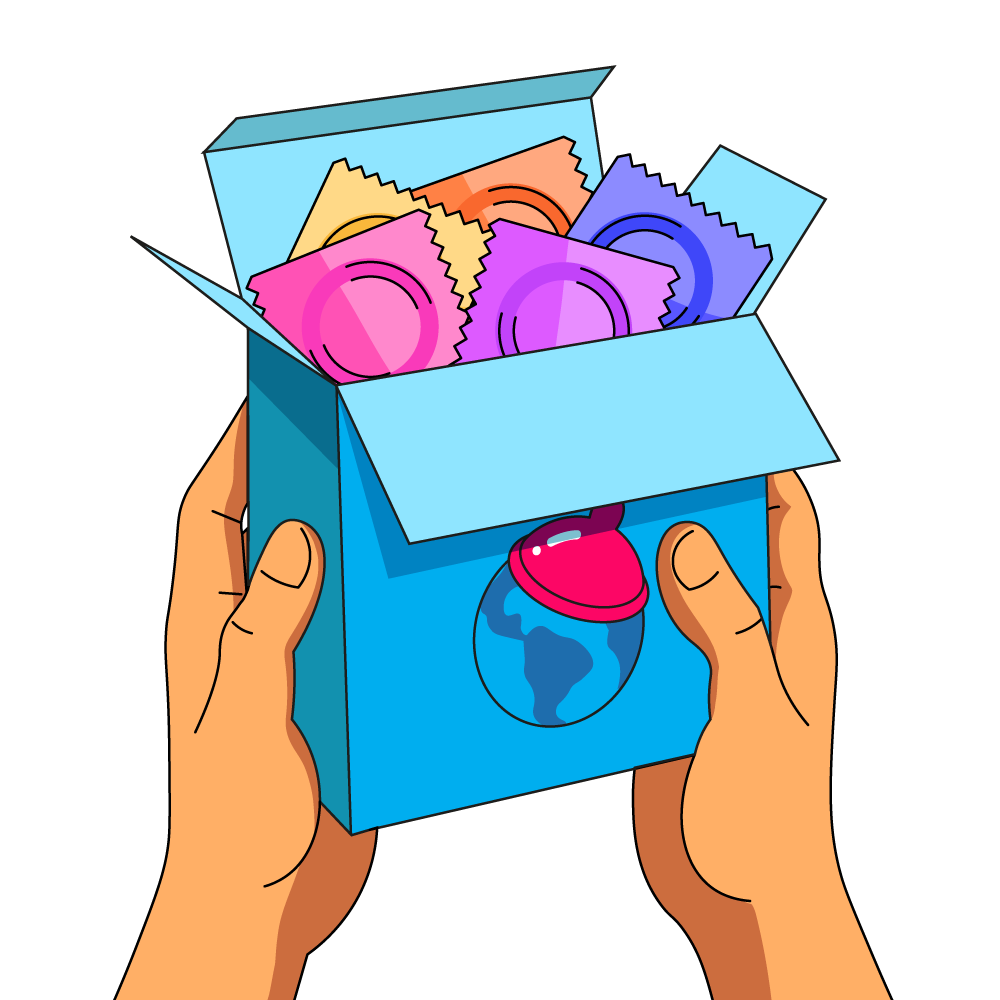 Cartoon hands holding a box of colorful condoms on a white background