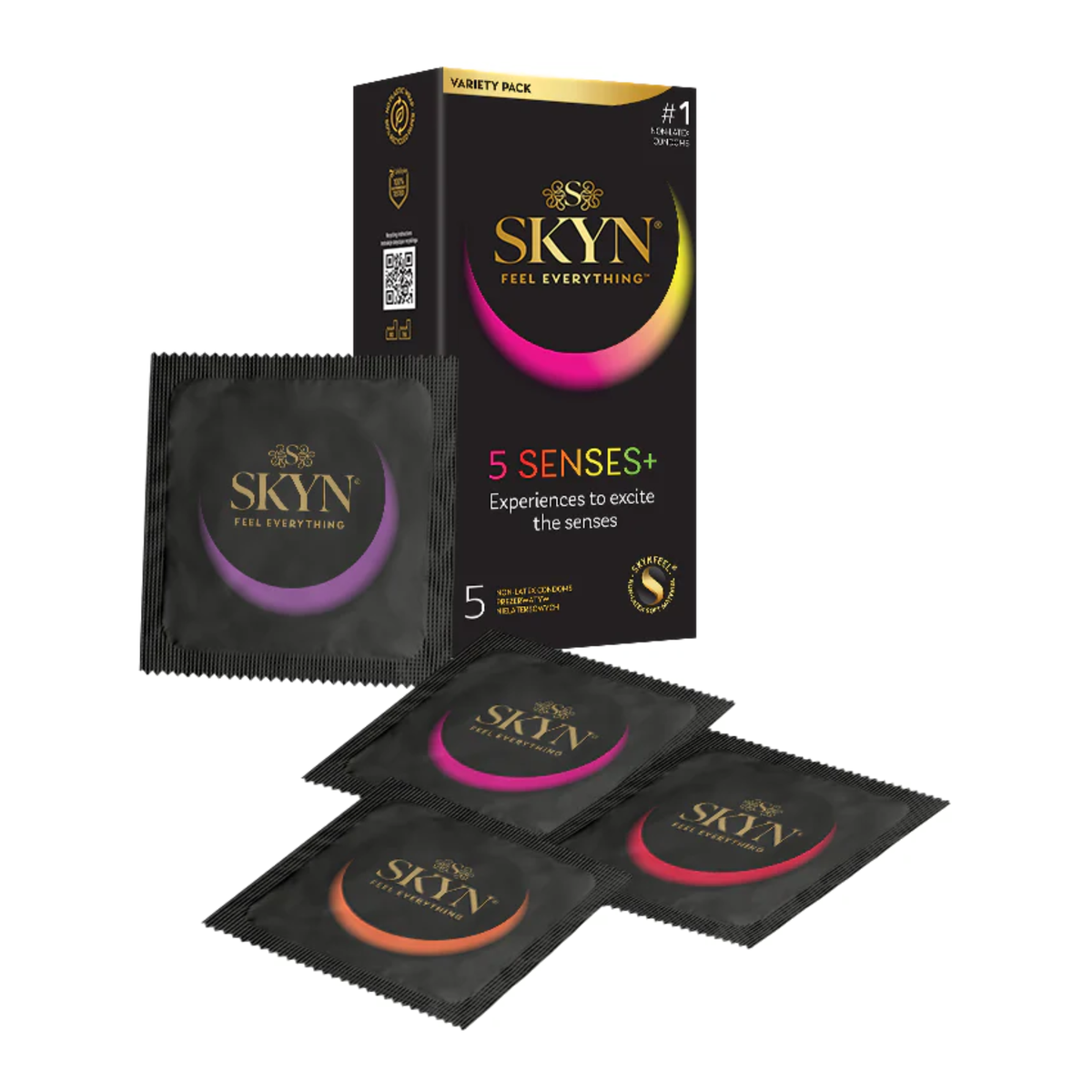 Front view of a black SKYN 5 Senses+ variety pack box with four individual condom foils in purple, pink, and orange displayed in front.