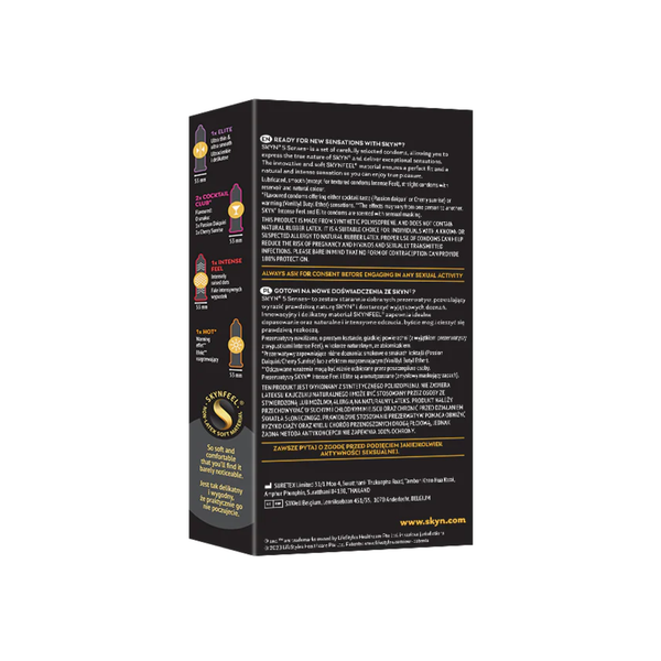 The back of the SKYN 5 Senses packaging, detailing the contents in English and Polish, including 1x Elite, 2x Cocktail Club (Passion Daiquiri and Cherry Sunrise), 1x Intense Feel, and 1x Hot.