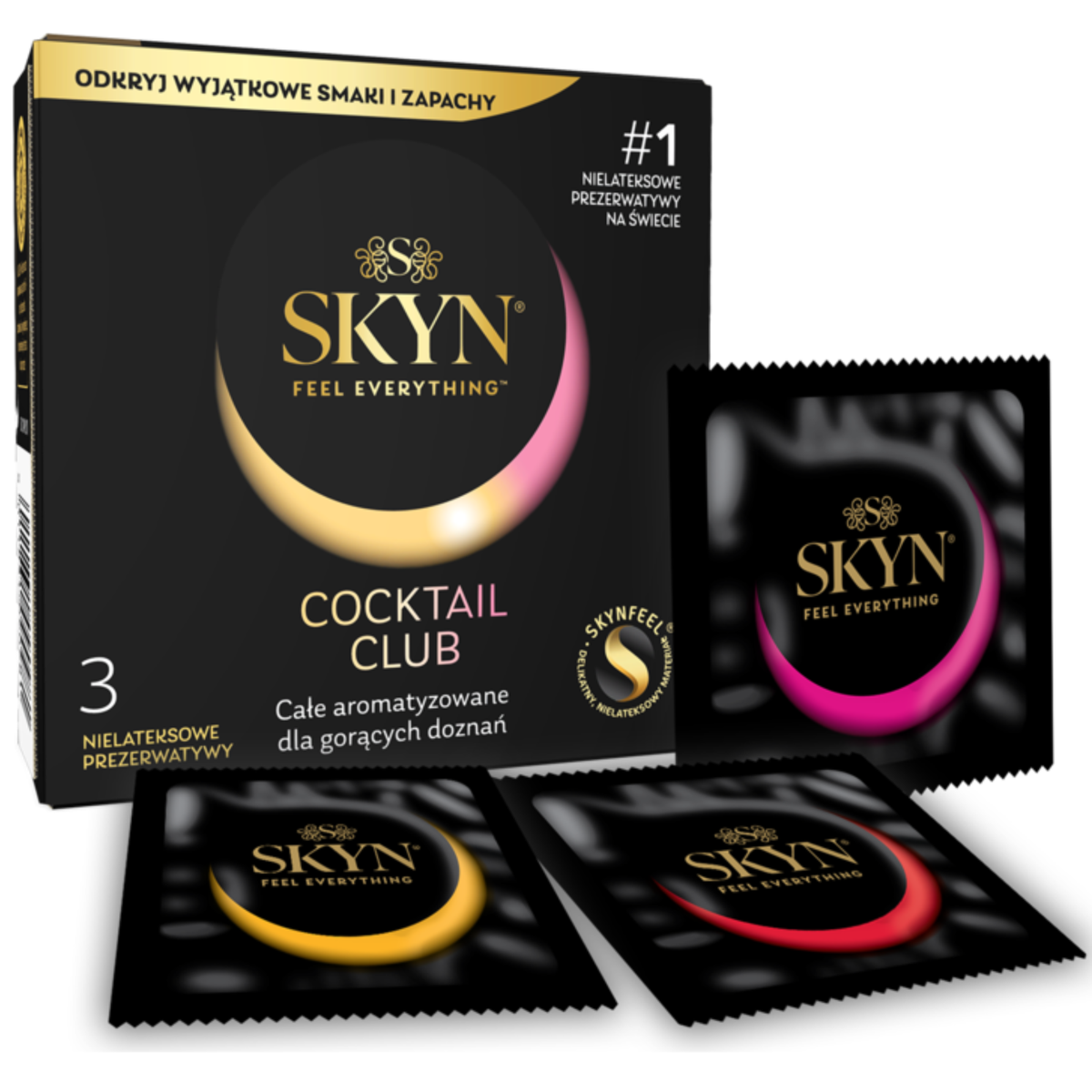A side view of SKYN Cocktail Club Box of 3 with the three individually wrapped condoms.  Main image