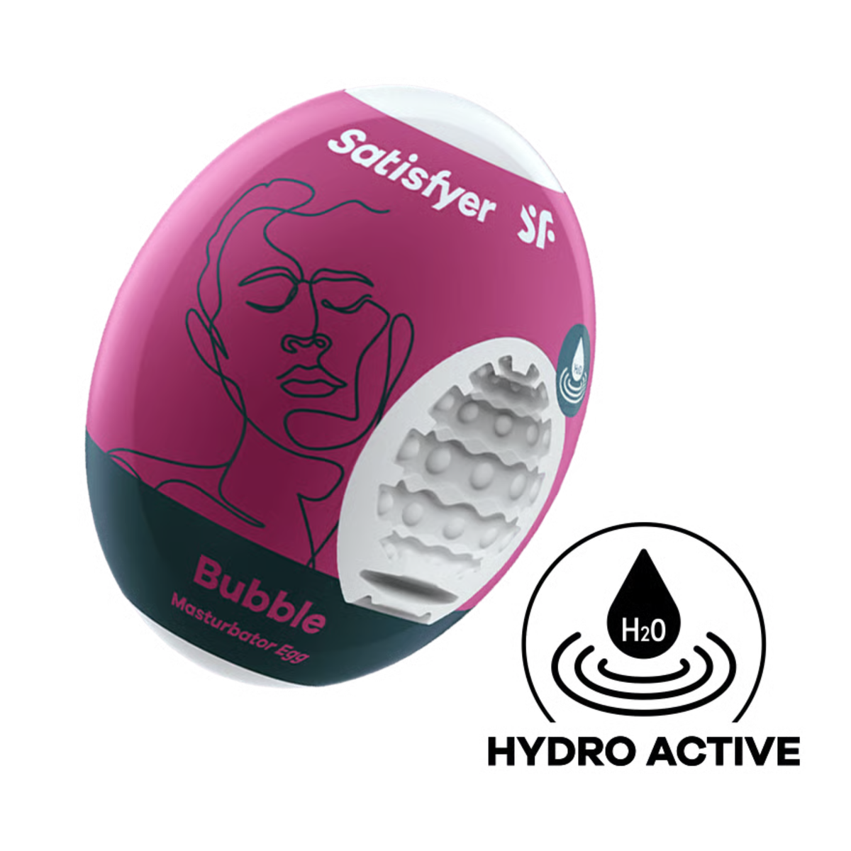 Studio product shot of the magenta and dark teal Satisfyer Bubble Masturbator Egg packaging, displaying a cutaway to the bubble-textured white inner sleeve and a circular "Hydro Active" icon below. Main image
