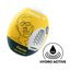 Studio product shot of the yellow and dark slate Satisfyer Fierce Masturbator Egg packaging, displaying a cutaway to the spiral-textured white inner sleeve and a circular "Hydro Active" icon below.