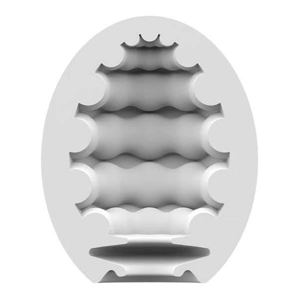 Cross-section view of the flexible white silicone inner sleeve for the Satisfyer Riffle Masturbator Egg, revealing its ribbed, multi-tiered internal texture designed for stimulation.