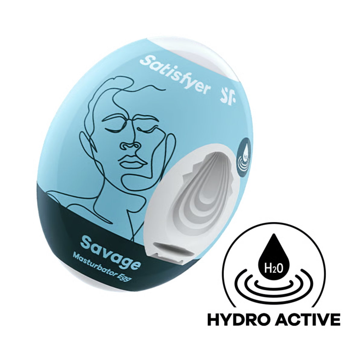 Studio product shot of the light blue and dark slate Satisfyer Savage Masturbator Egg packaging, displaying a cutaway to the concentric-ribbed white inner sleeve and a circular "Hydro Active" icon below. Main image