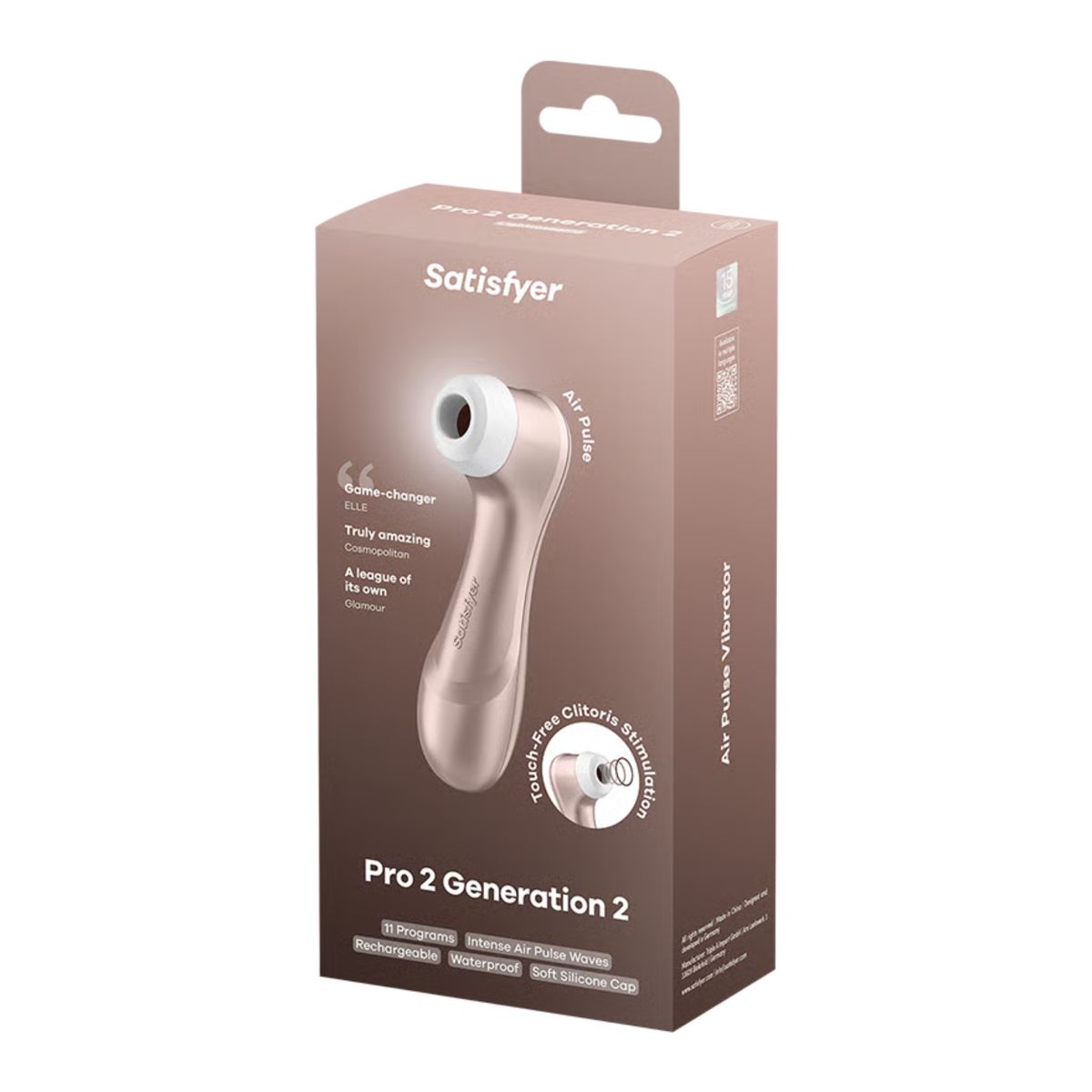 Packaging box shot for the Satisfyer Pro 2 Generation 2 Air Pulse Vibrator in rose gold, displaying press quotes, key specifications, and product images. Main image