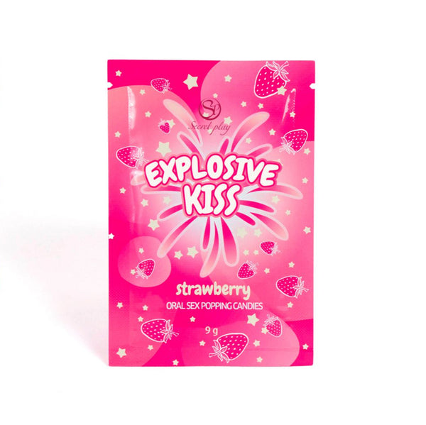 Pink packaging of 'Explosive Kiss' strawberry flavored oral sex popping candies on a white background.