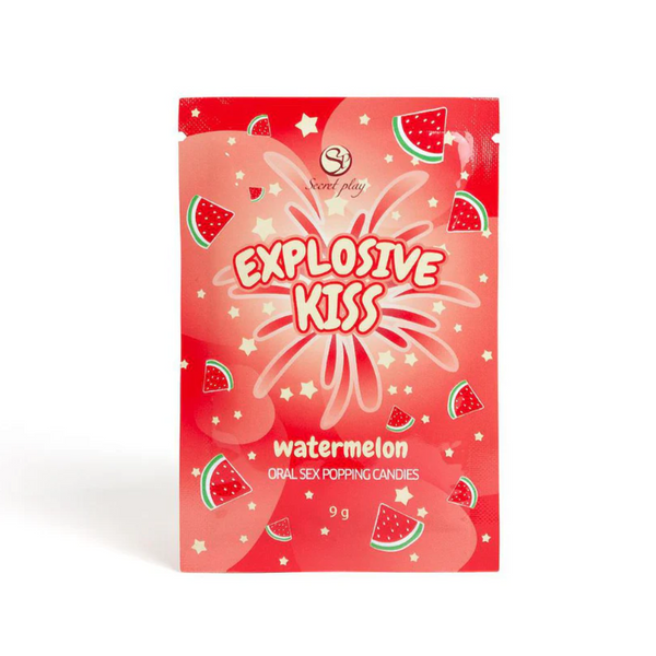 Red packaging of 'Explosive Kiss' watermelon flavored oral sex popping candies on a white background.