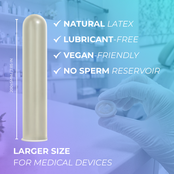 Natural latex medical probe cover in larger size, lubricant-free, vegan-friendly, no sperm reservoir; gloved hand holding rolled probe cover in clinical setting.