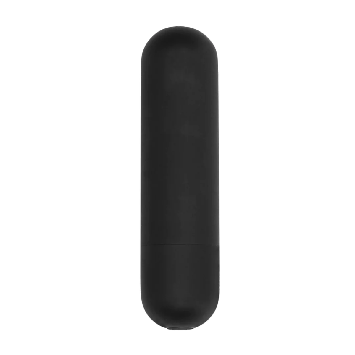 Top-down view of the back of the black rechargeable bullet vibrator in the white background.