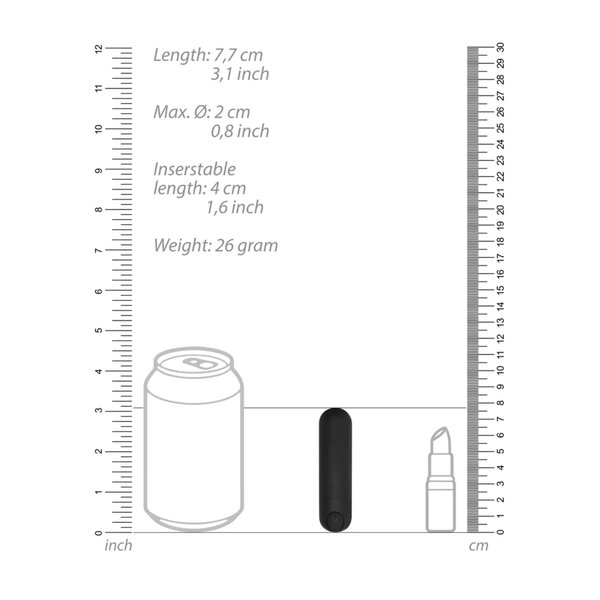 Size chart for the black bullet vibrator, showing it's 7.7cm long (3.1 in), 2cm diameter (0.8 in), and 26 grams in weight, displayed next to a soda can and a lipstick.