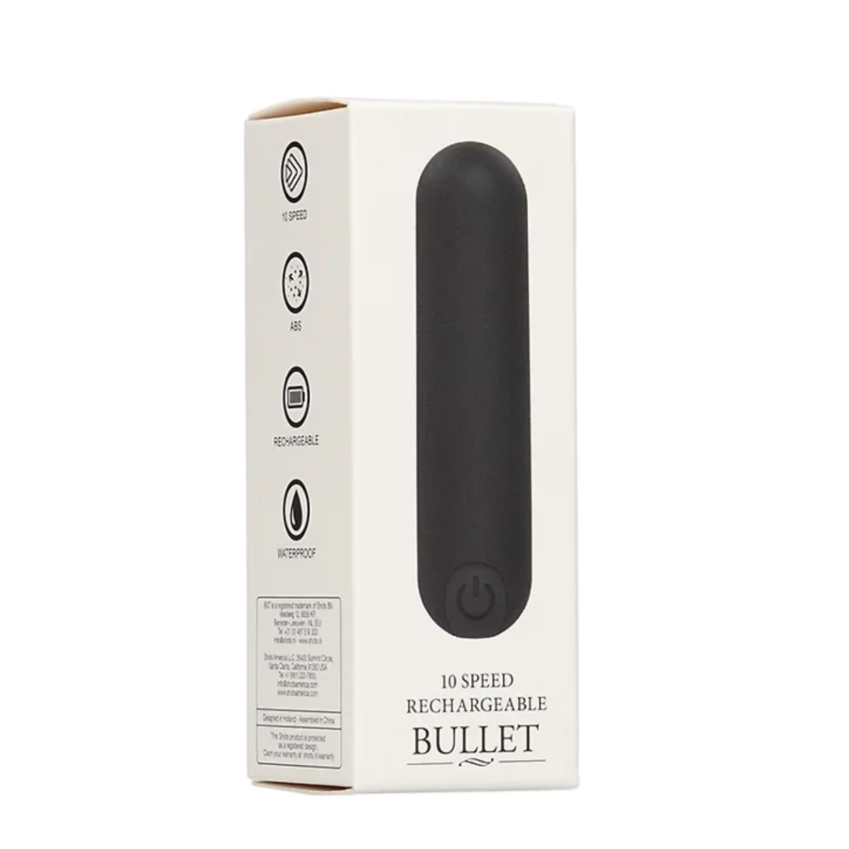 Packaging for a Black Shots 10 Speed Rechargeable Bullet vibrator, highlighting features like ABS material, rechargeable battery, and waterproof design.