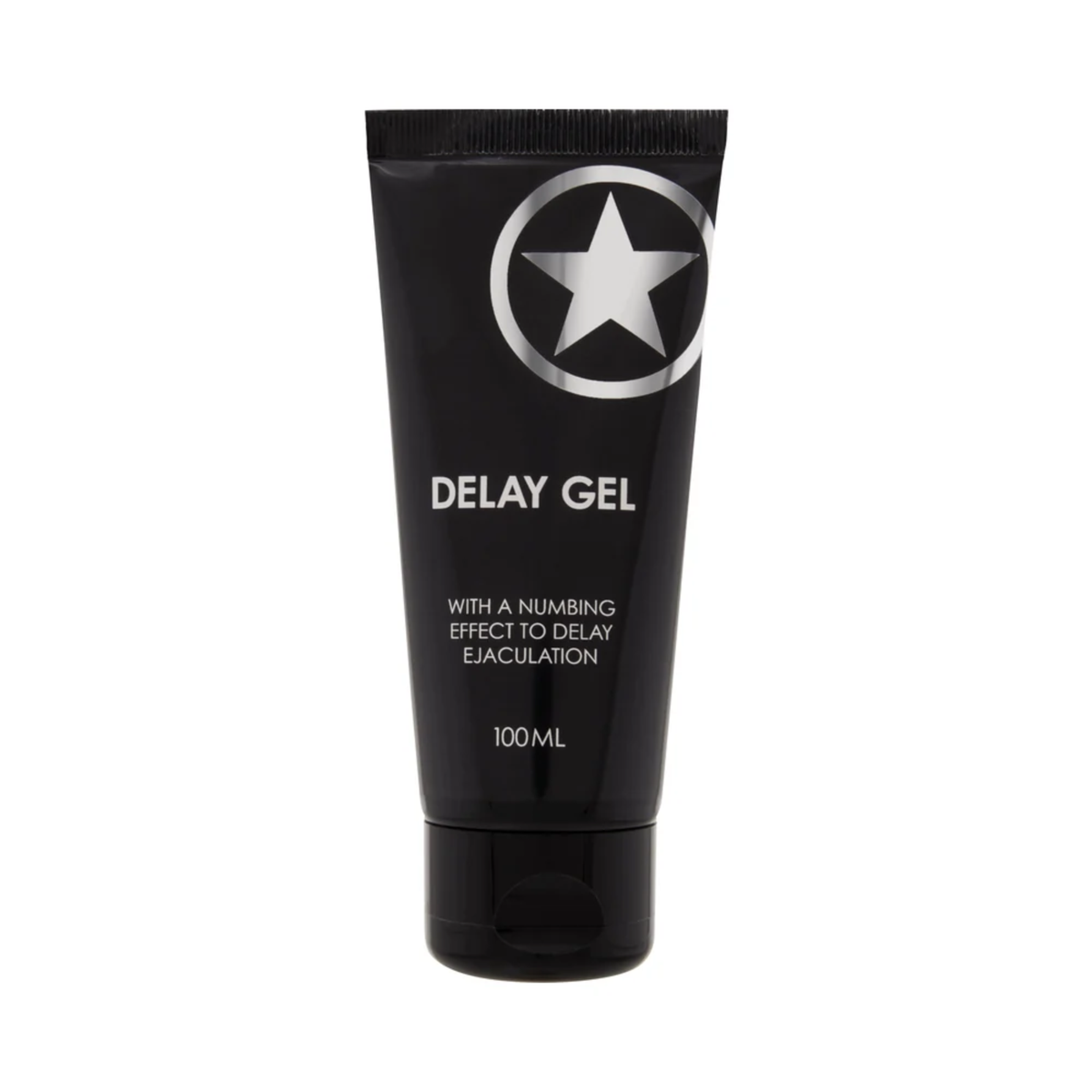 Front studio view of the 100 ml (3.38 fl oz) matte black squeeze tube of Shots Delay Gel featuring a silver star logo and white text stating "With a numbing effect to delay ejaculation" Main image